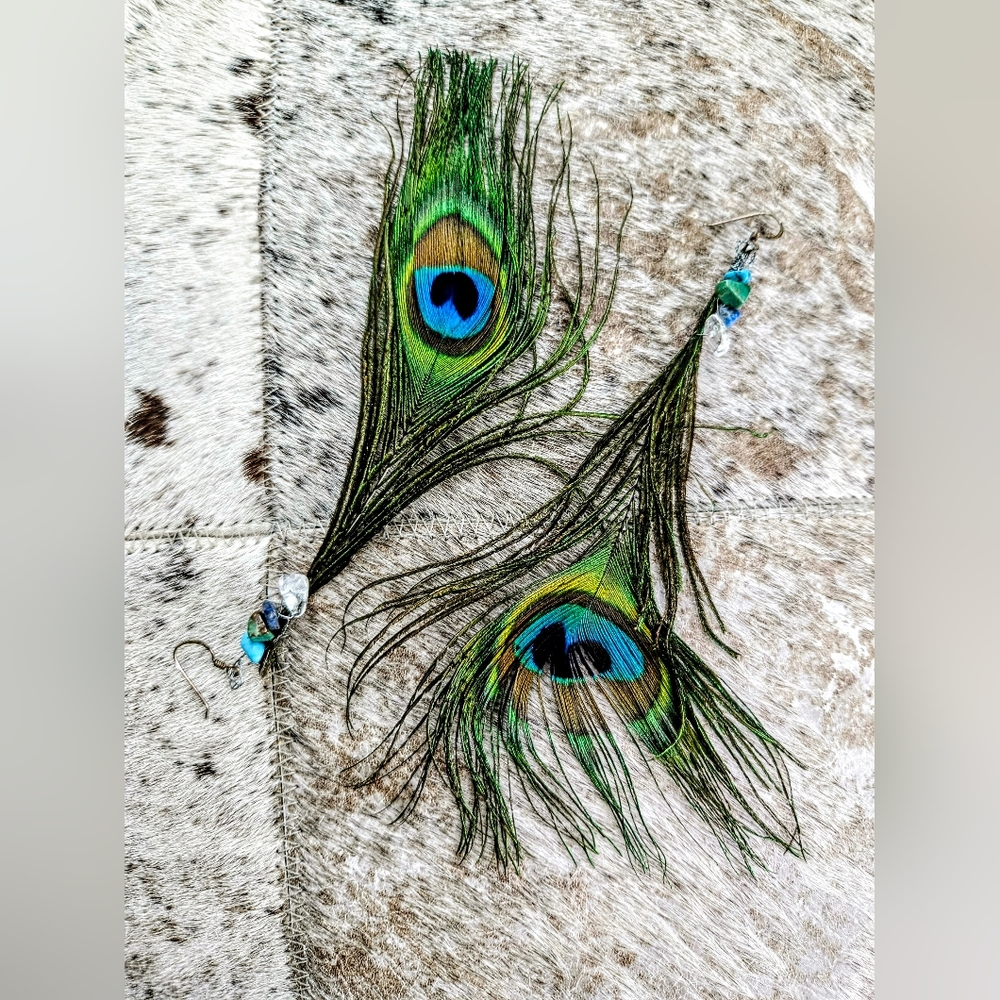 Peacock Feather Earrings with Beads